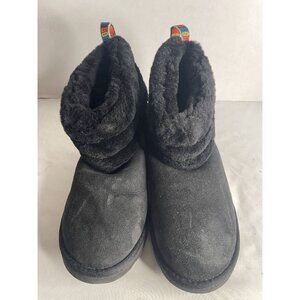 UGG Fluff Mini Quilted Black Rainbow Suede/Sheepskin Boots Womens Size 9